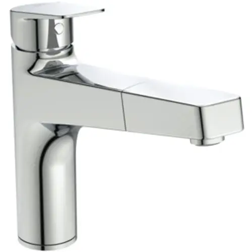 Ideal Standard Küchenarmatur mit einem verchromten Auslauf. Funktionale Handbrause integriert. Modernes Design, geeignet für unterschiedliche Kücheneinrichtungen.